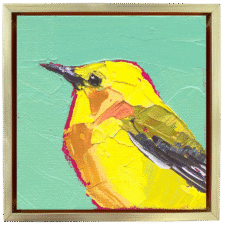 Prothonotary warbler acrylic bird painting in yellow and olive tones on a soft green background