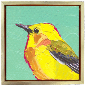 Prothonotary warbler acrylic bird painting in yellow and olive tones on a soft green background