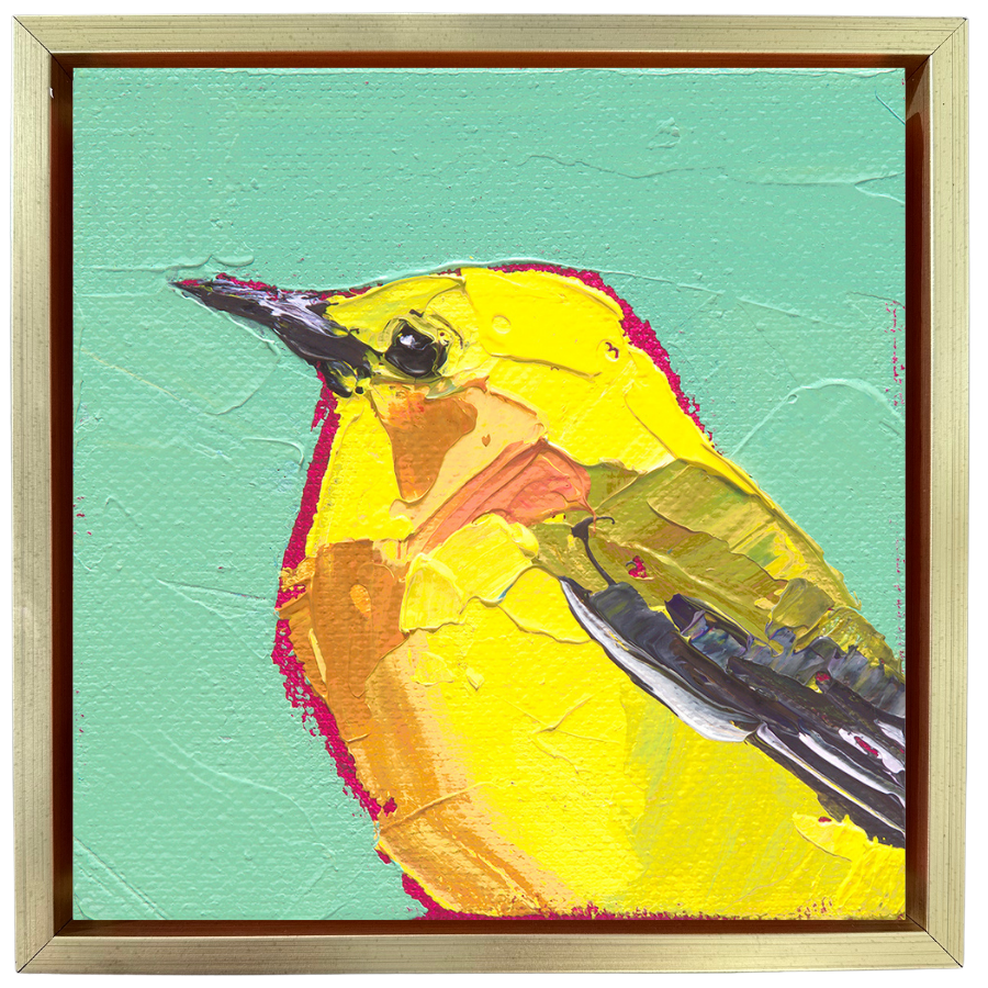 Prothonotary warbler acrylic bird painting in yellow and olive tones on a soft green background
