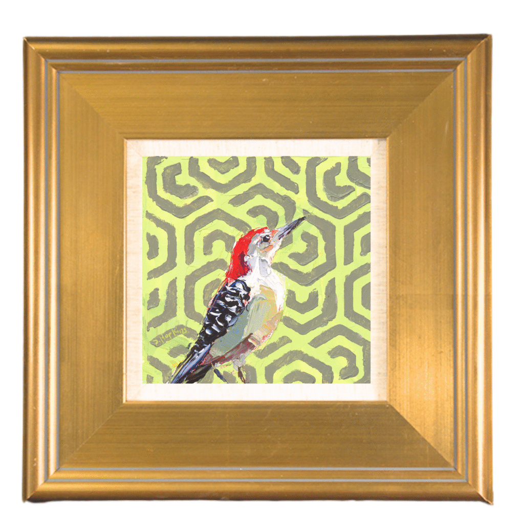 Red-bellied woodpecker painting with raised head and bold posture against a geometric green patterned background, original acrylic bird artwork