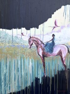 Abstract horse and rider painting symbolizing hope, resistance, and creative courage, with birds guiding the journey through a layered, expressive landscape.