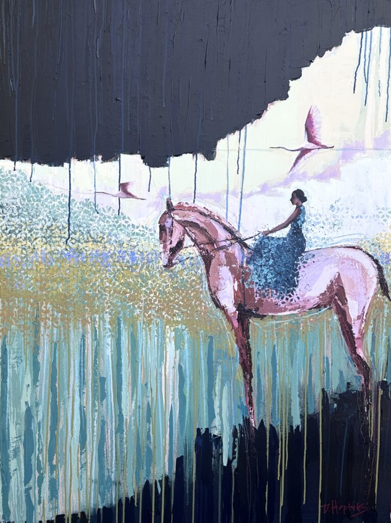 Abstract horse and rider painting symbolizing hope, resistance, and creative courage, with birds guiding the journey through a layered, expressive landscape.