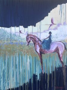 Abstract horse and rider painting symbolizing hope, resistance, and creative courage, with birds guiding the journey through a layered, expressive landscape.