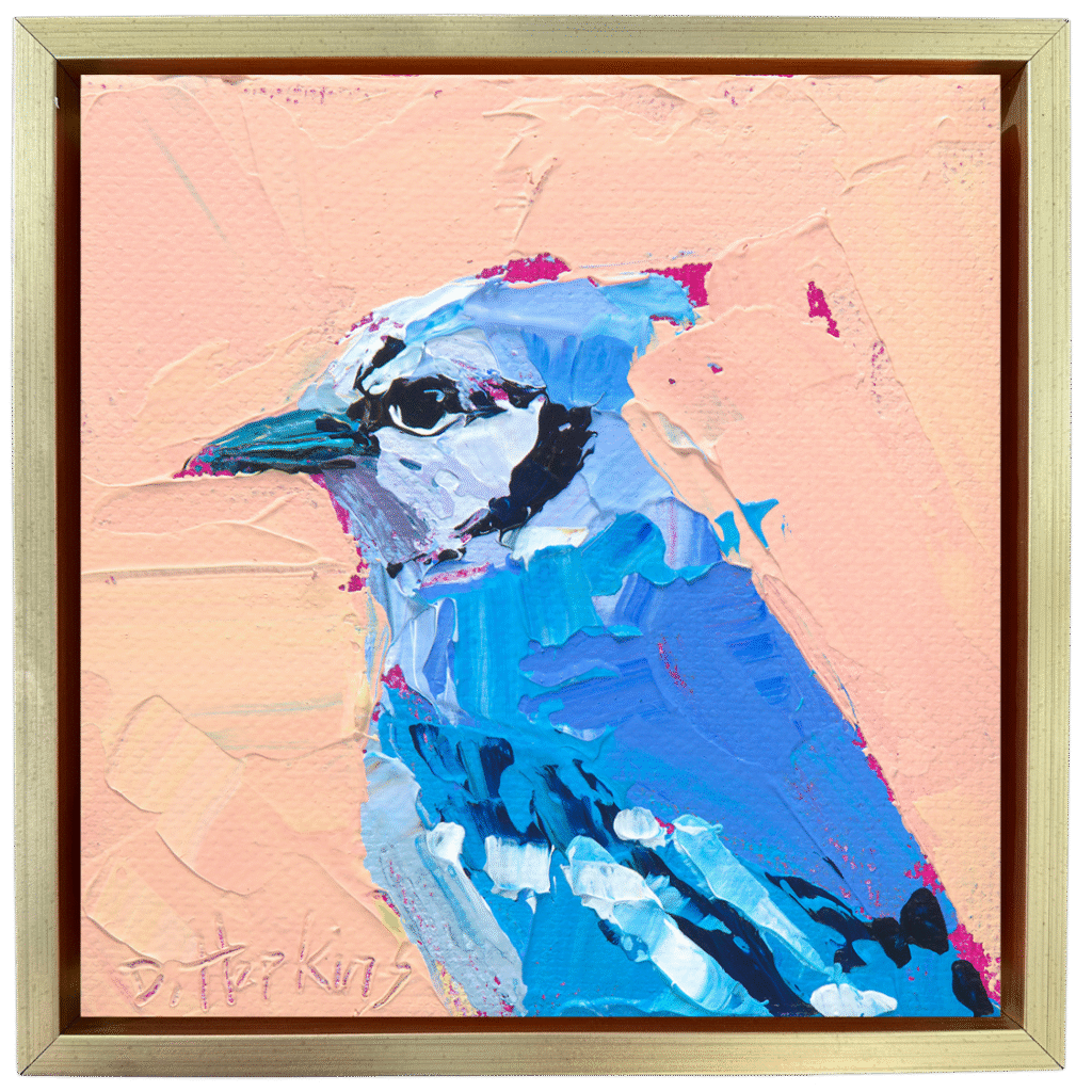 Original acrylic blue jay painting on canvas created during a daily painting challenge by Denise Hopkins
