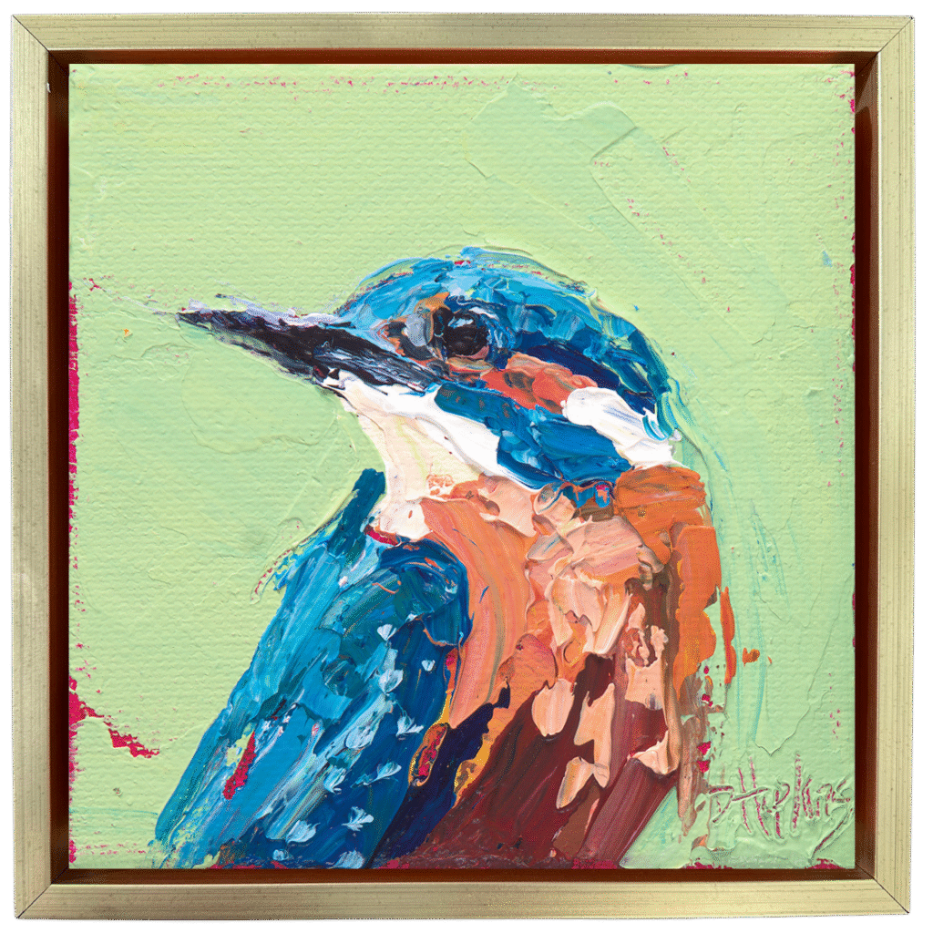 Palette knife acrylic bird painting of a kingfisher with blue and rust plumage against a soft green background, framed in gold.