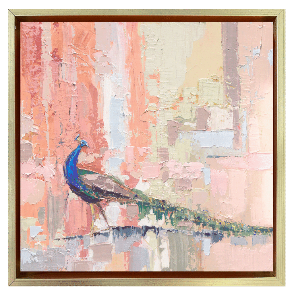 Abstract palette knife painting of a peacock walking lightly across a textured pastel background, symbolizing confidence, return, and artistic rediscovery.