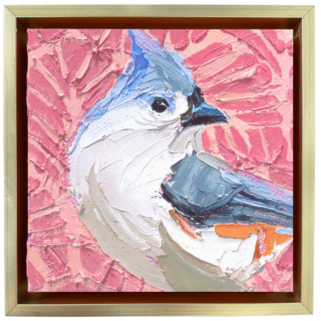 Textured tufted titmouse bird painting with pink background and expressive palette knife strokes.