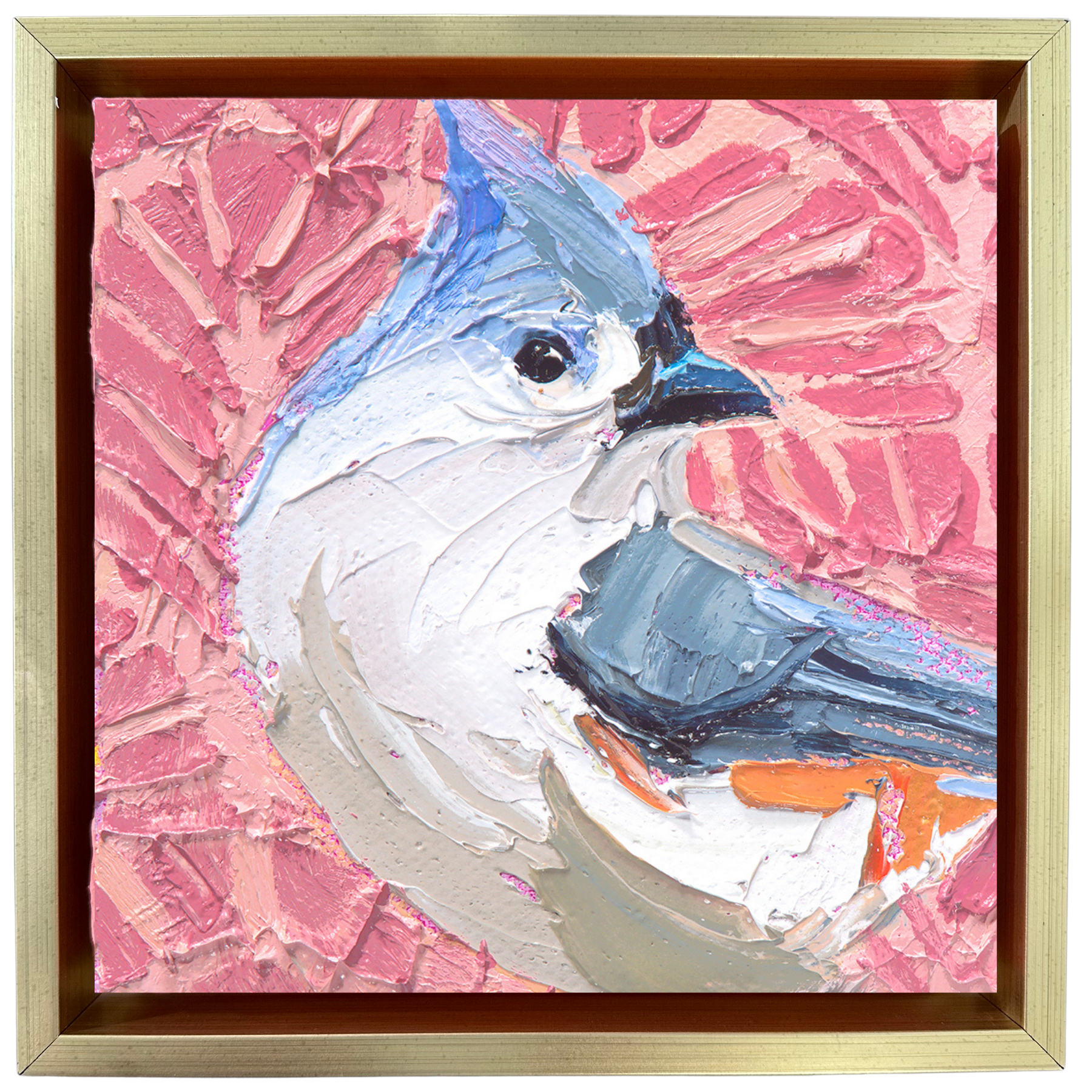 Textured tufted titmouse bird painting with pink background and expressive palette knife strokes.