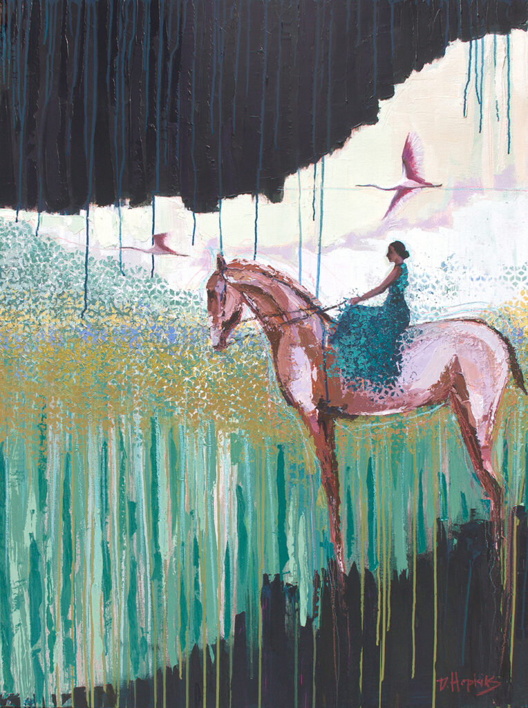 Abstract horse and rider painting symbolizing hope, resistance, and creative courage, with birds guiding the journey through a layered, expressive landscape.