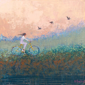 Contemporary oil on canvas bicycle painting by Denise Hopkins featuring a woman riding a yellow bicycle through a coastal landscape with pelicans flying overhead.