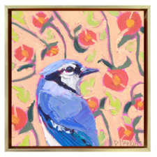 "Blue Jay and Blossoms" 6x6, framed