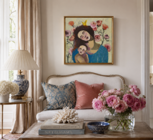 Dreams, a 24x24 original oil painting by Denise Hopkins, displayed in an elegant neutral living room with blush florals and blue accents.