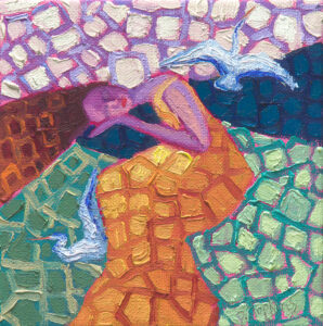 A 6x6 original oil painting of a resting woman with two white egrets in a geometric composition by Denise Hopkins.