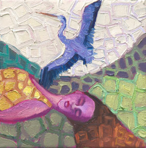 A 6x6 original oil painting of a sleeping woman with a great blue heron, symbolizing rest, renewal, and meaningful work, by Denise Hopkins.