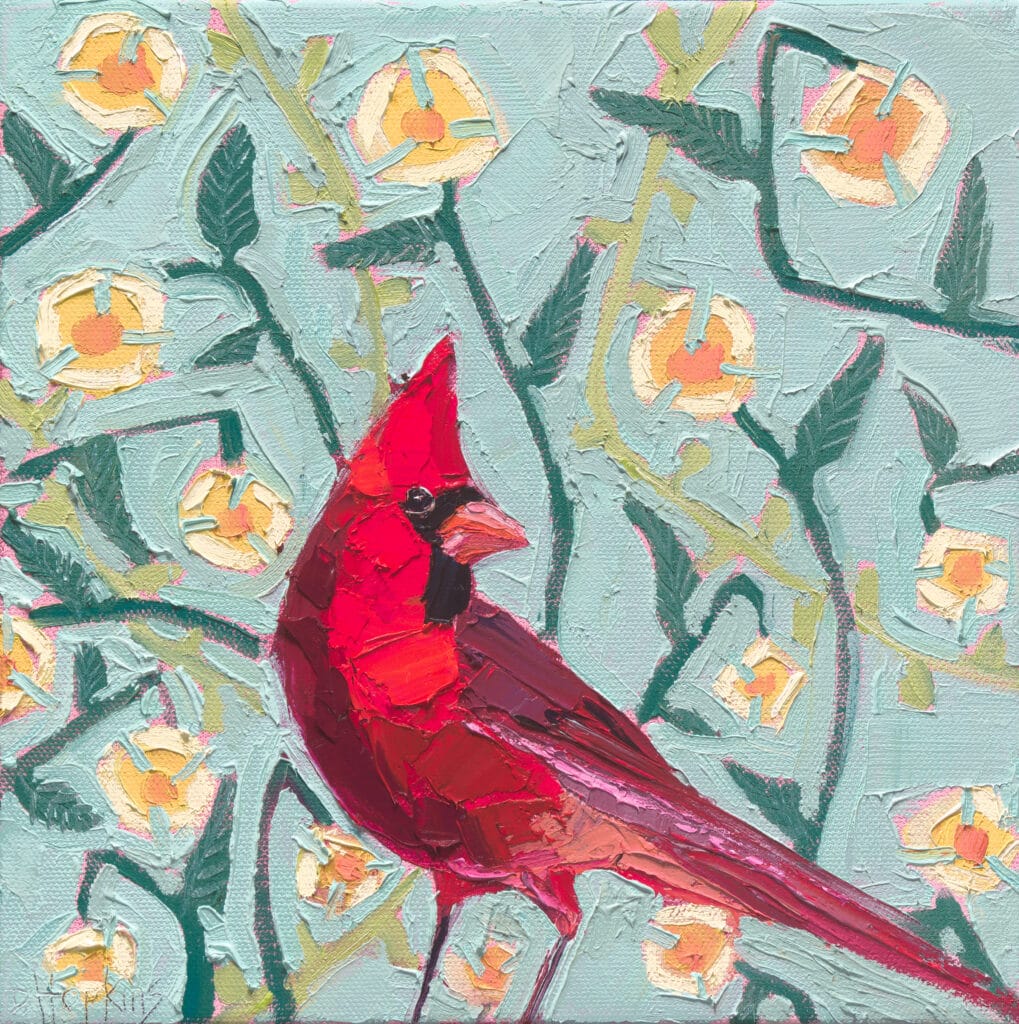 Here When You Need Me cardinal art print by Denise Hopkins featuring a bright red cardinal among colorful loose florals