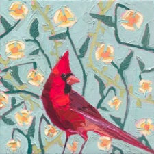 Here When You Need Me cardinal art print by Denise Hopkins featuring a bright red cardinal among colorful loose florals