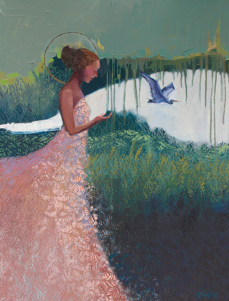I Go Before You Always, oil painting of a woman releasing a Great Blue Heron by Denise Hopkins
