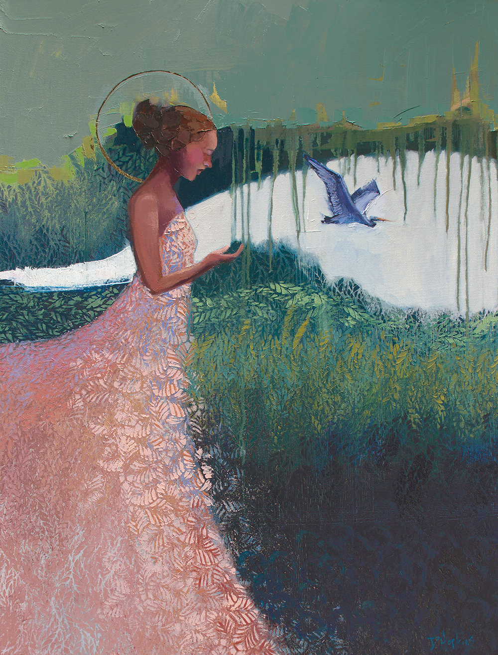 A 36x48 original oil painting featuring a woman and birds in a lush, expressive landscape, symbolizing guidance, hope, and faithful presence, by Denise Hopkins