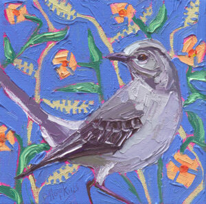 A 6x6 original oil painting of a northern mockingbird perched among vibrant orange flowers on a bright blue patterned background by Denise Hopkins.
