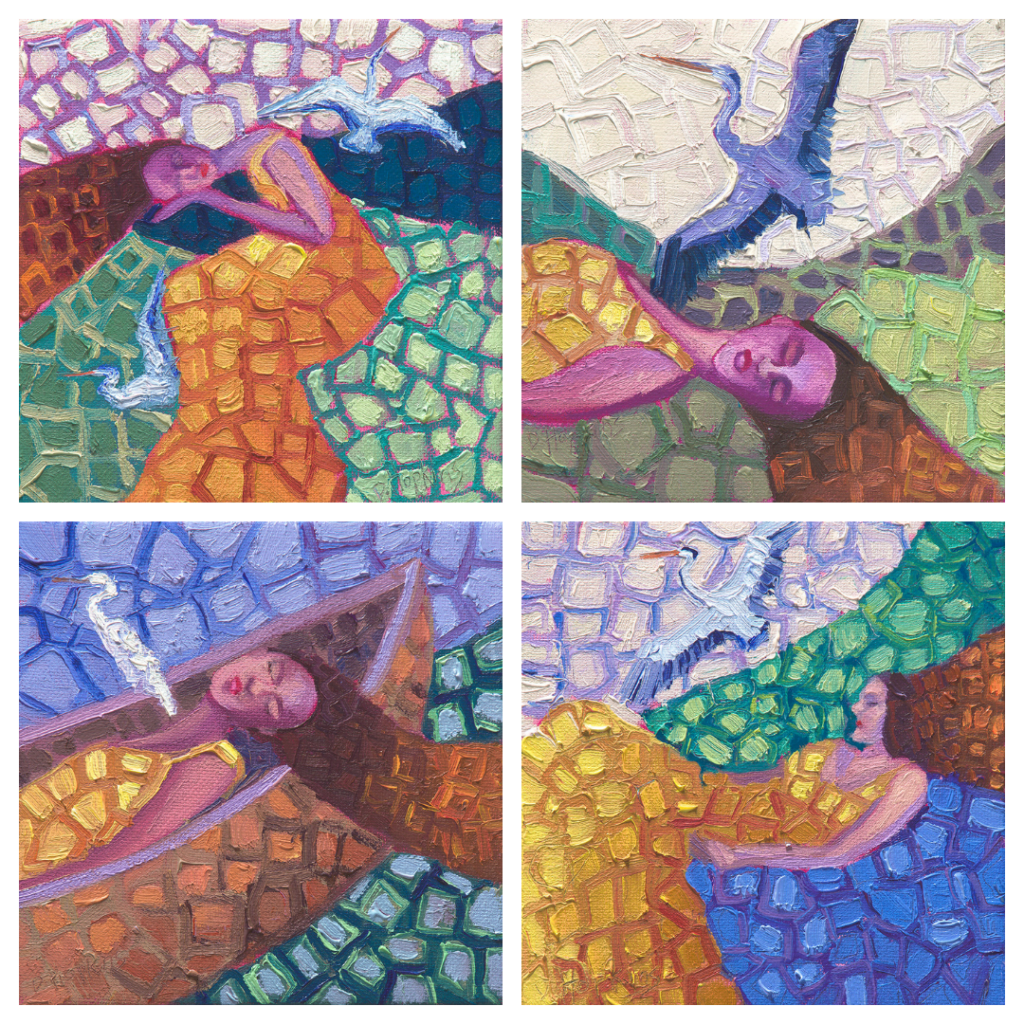 Four contemporary 6×6 oil paintings by Denise Hopkins featuring women at rest with white birds and a small boat, inspired by Nicola Jane Hobbs' reflection on rest as the foundation of meaningful work.