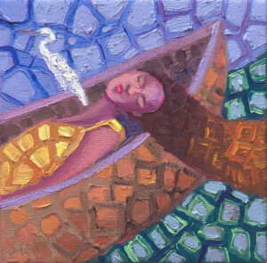 A 6x6 original oil painting of a sleeping woman in a boat with a white egret, symbolizing peace and trust in the midst of life's storms, by Denise Hopkins.