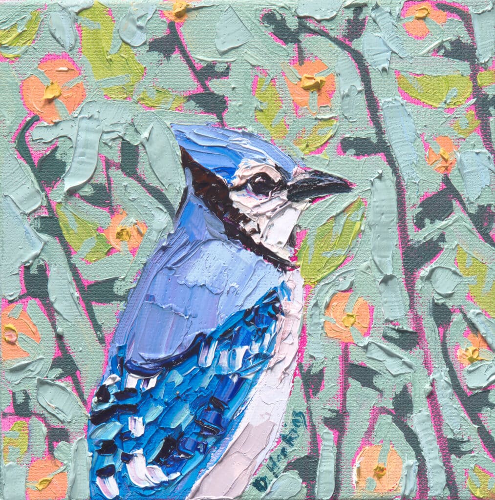 Woke Up Like This blue jay art print by Denise Hopkins featuring a blue jay among colorful pink and orange florals