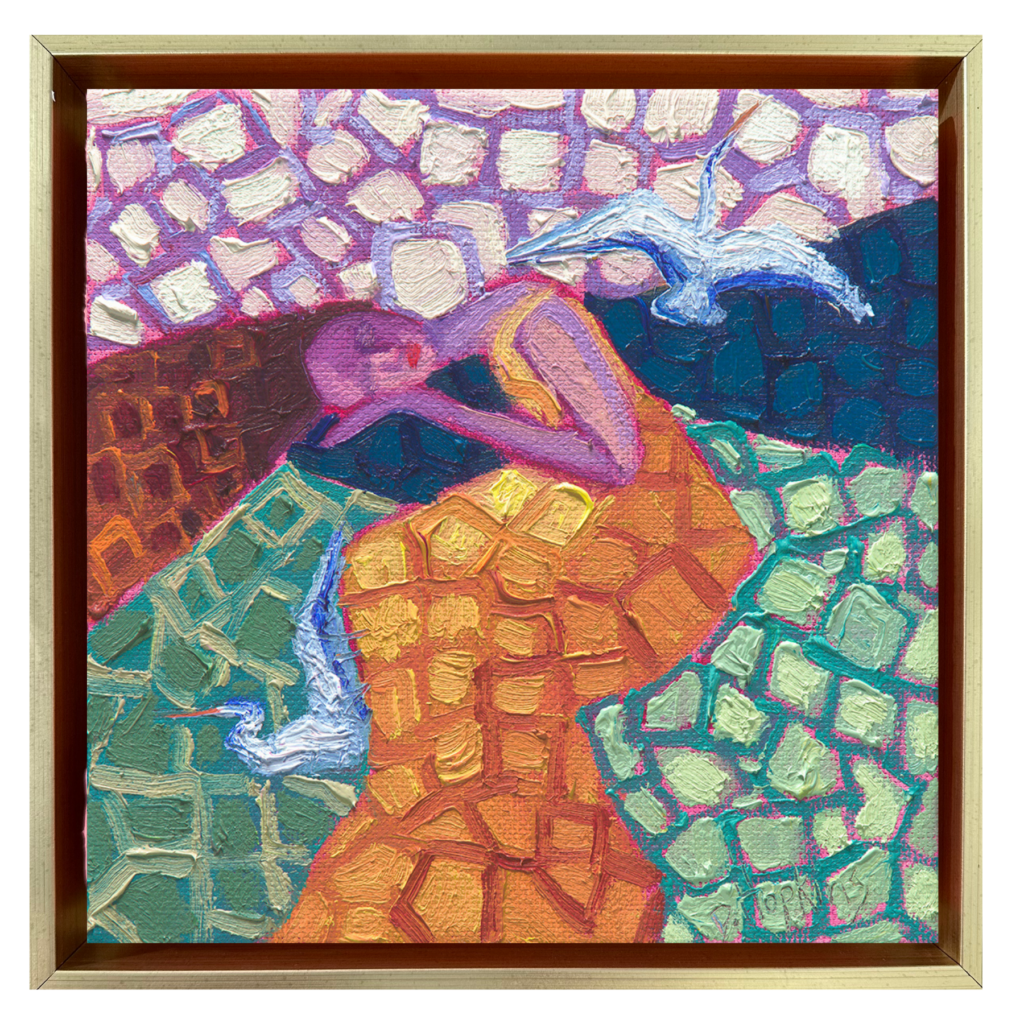 A 6x6 original oil painting of a resting woman with two white egrets in a geometric composition by Denise Hopkins