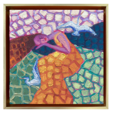 A 6x6 original oil painting of a resting woman with two white egrets in a geometric composition by Denise Hopkins