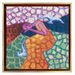 A 6x6 original oil painting of a resting woman with two white egrets in a geometric composition by Denise Hopkins