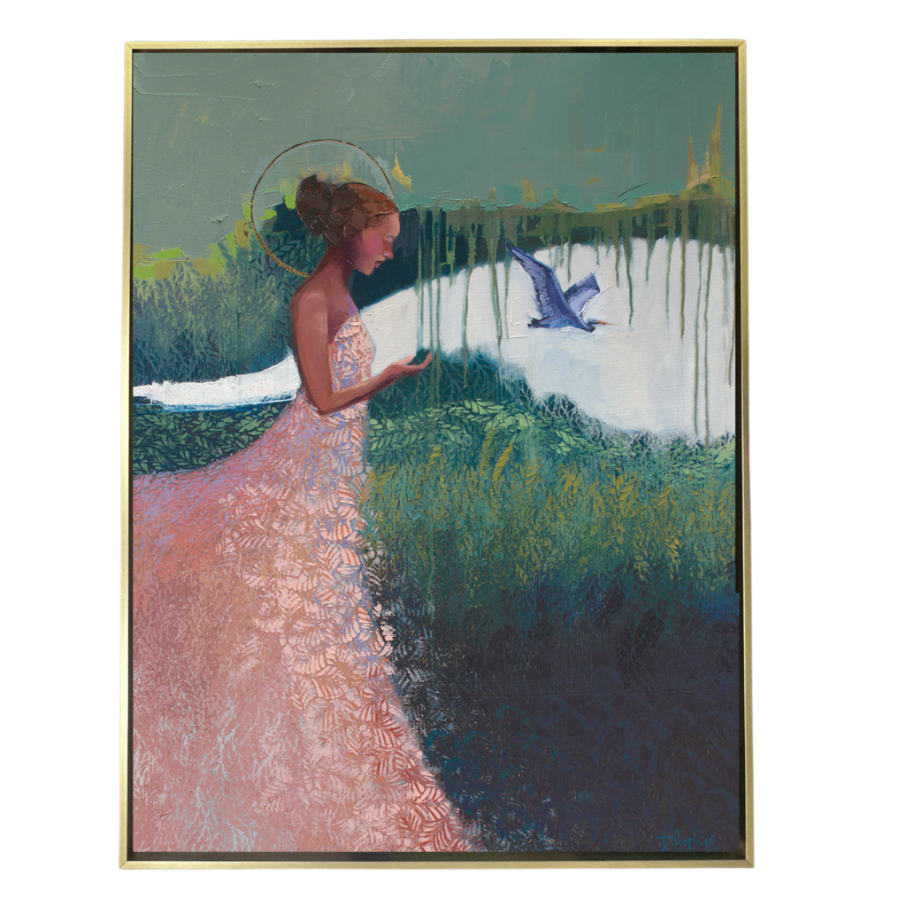 A 36x48 original oil painting featuring a woman and birds in a lush, expressive landscape, symbolizing guidance, hope, and faithful presence, by Denise Hopkins.