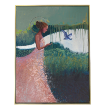 A 36x48 original oil painting featuring a woman and birds in a lush, expressive landscape, symbolizing guidance, hope, and faithful presence, by Denise Hopkins.