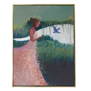 A 36x48 original oil painting featuring a woman and birds in a lush, expressive landscape, symbolizing guidance, hope, and faithful presence, by Denise Hopkins.
