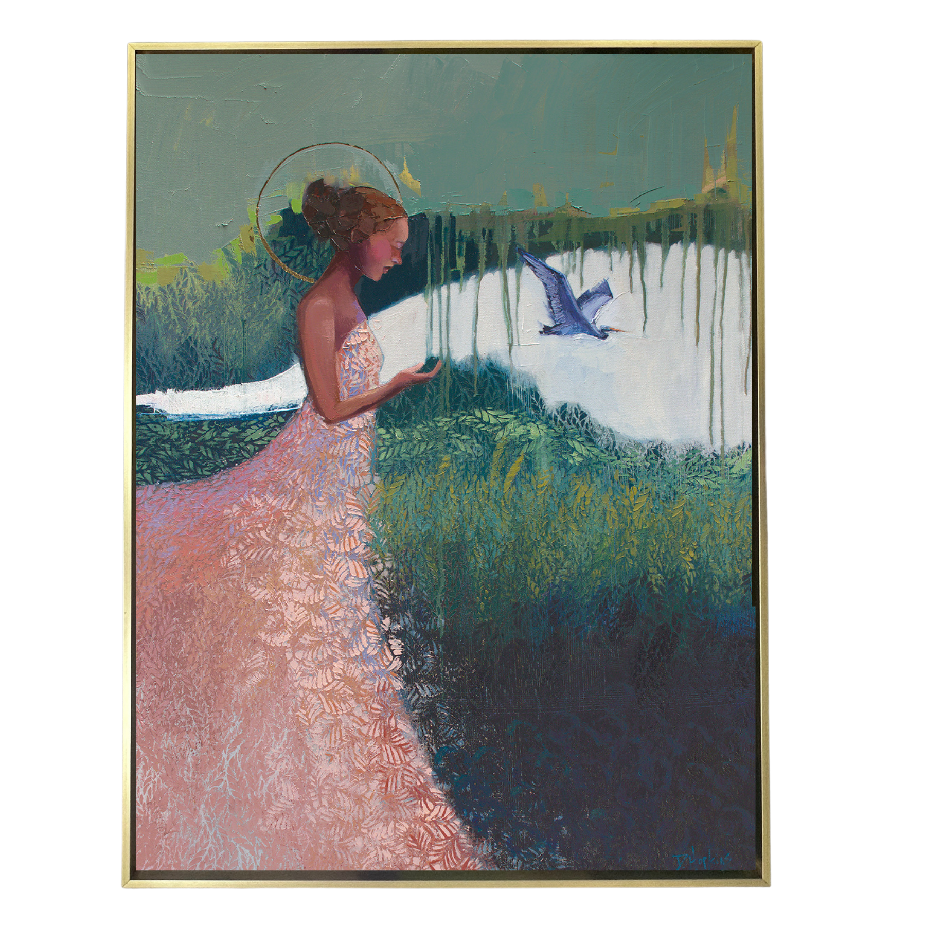 A 36x48 original oil painting featuring a woman and birds in a lush, expressive landscape, symbolizing guidance, hope, and faithful presence, by Denise Hopkins.