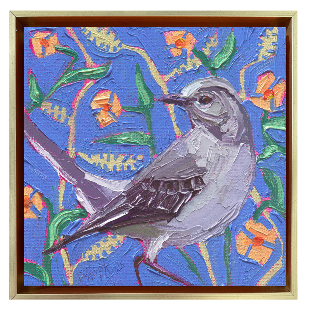 6x6 original oil painting of a northern mockingbird perched among vibrant orange flowers on a bright blue patterned background by Denise Hopkins