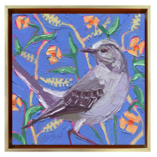 6x6 original oil painting of a northern mockingbird perched among vibrant orange flowers on a bright blue patterned background by Denise Hopkins