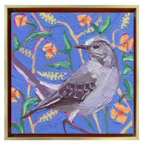 6x6 original oil painting of a northern mockingbird perched among vibrant orange flowers on a bright blue patterned background by Denise Hopkins