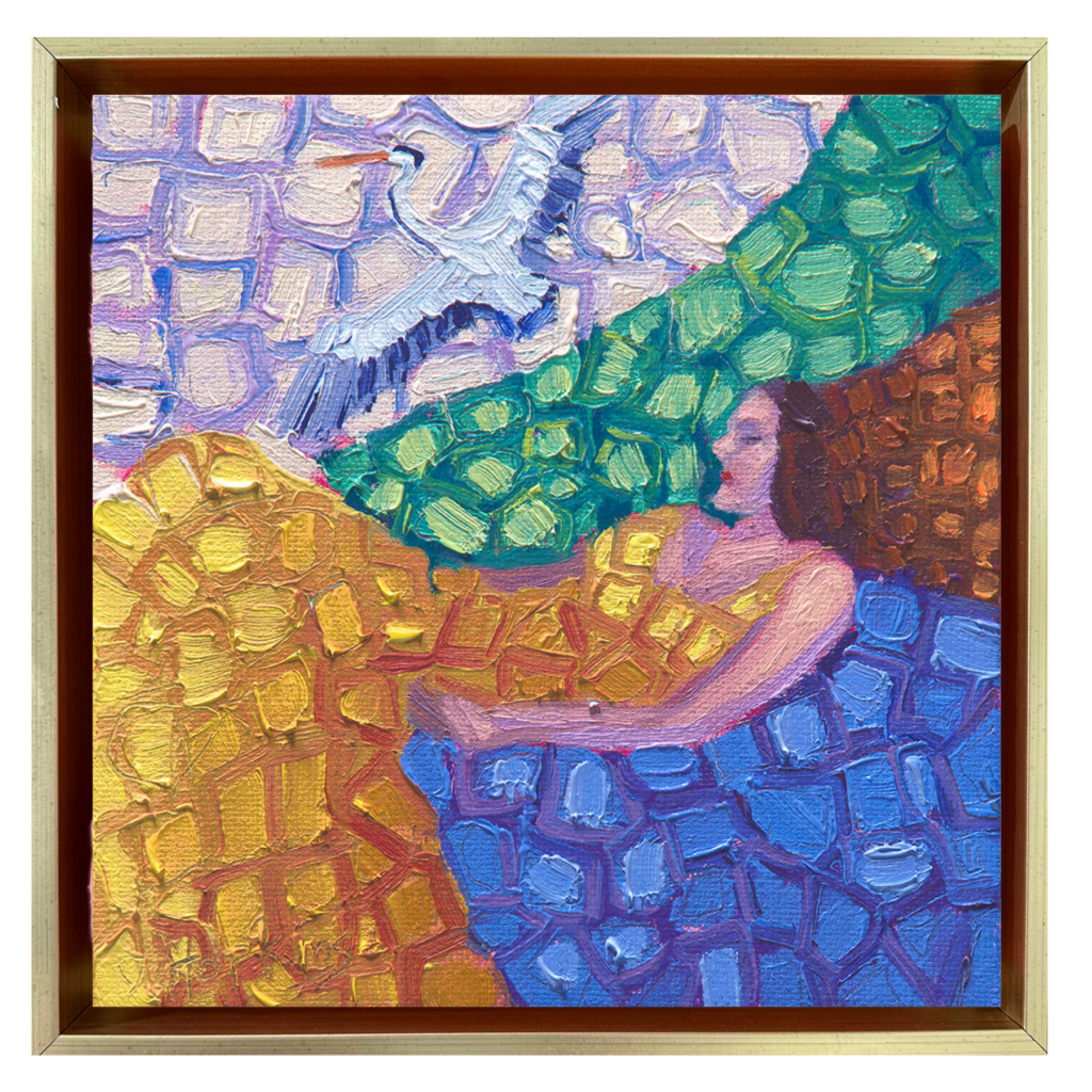 A 6x6 original oil painting of a great blue heron resting in a peaceful landscape by Denise Hopkins