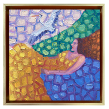 A 6x6 original oil painting of a great blue heron resting in a peaceful landscape by Denise Hopkins