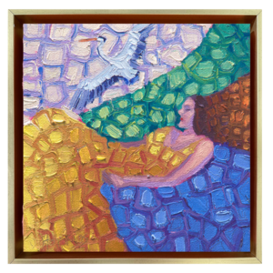 A 6x6 original oil painting of a great blue heron resting in a peaceful landscape by Denise Hopkins