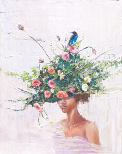Hand-embellished canvas print of a woman wearing a lush floral crown with a blue bird nestled among the flowers, titled Walk by Faith, by Denise Hopkins.