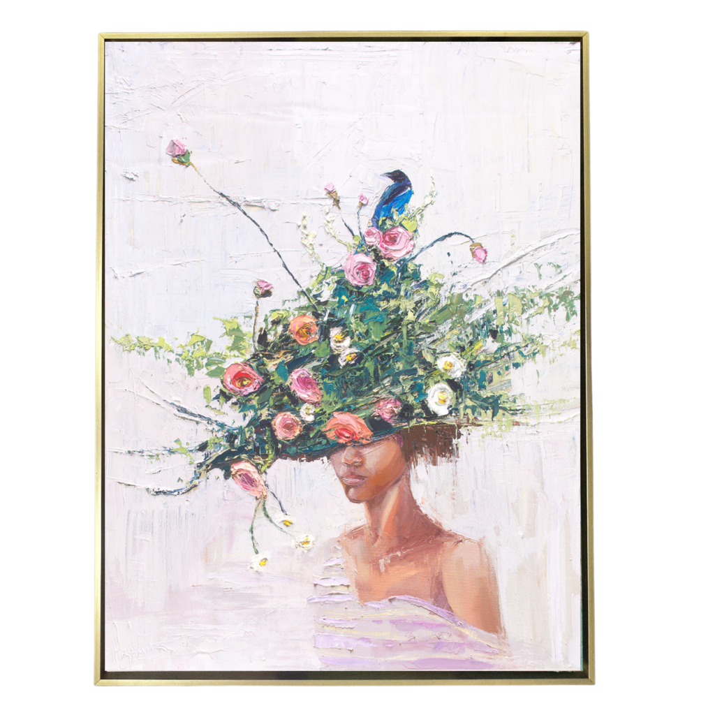 Hand-embellished canvas print of a woman wearing a lush floral crown with a blue bird nestled among the flowers, titled Walk by Faith, by Denise Hopkins