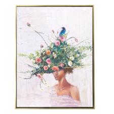 Hand-embellished canvas print of a woman wearing a lush floral crown with a blue bird nestled among the flowers, titled Walk by Faith, by Denise Hopkins