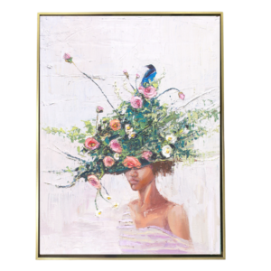 Hand-embellished canvas print of a woman wearing a lush floral crown with a blue bird nestled among the flowers, titled Walk by Faith, by Denise Hopkins