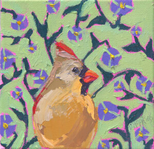 Here’s Looking at You female cardinal art print by Denise Hopkins featuring a female cardinal surrounded by purple flowers on a green background