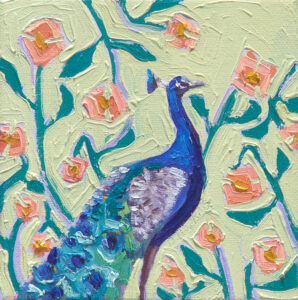 Pretty Proud original peacock painting by Denise Hopkins featuring a blue peacock surrounded by loose florals