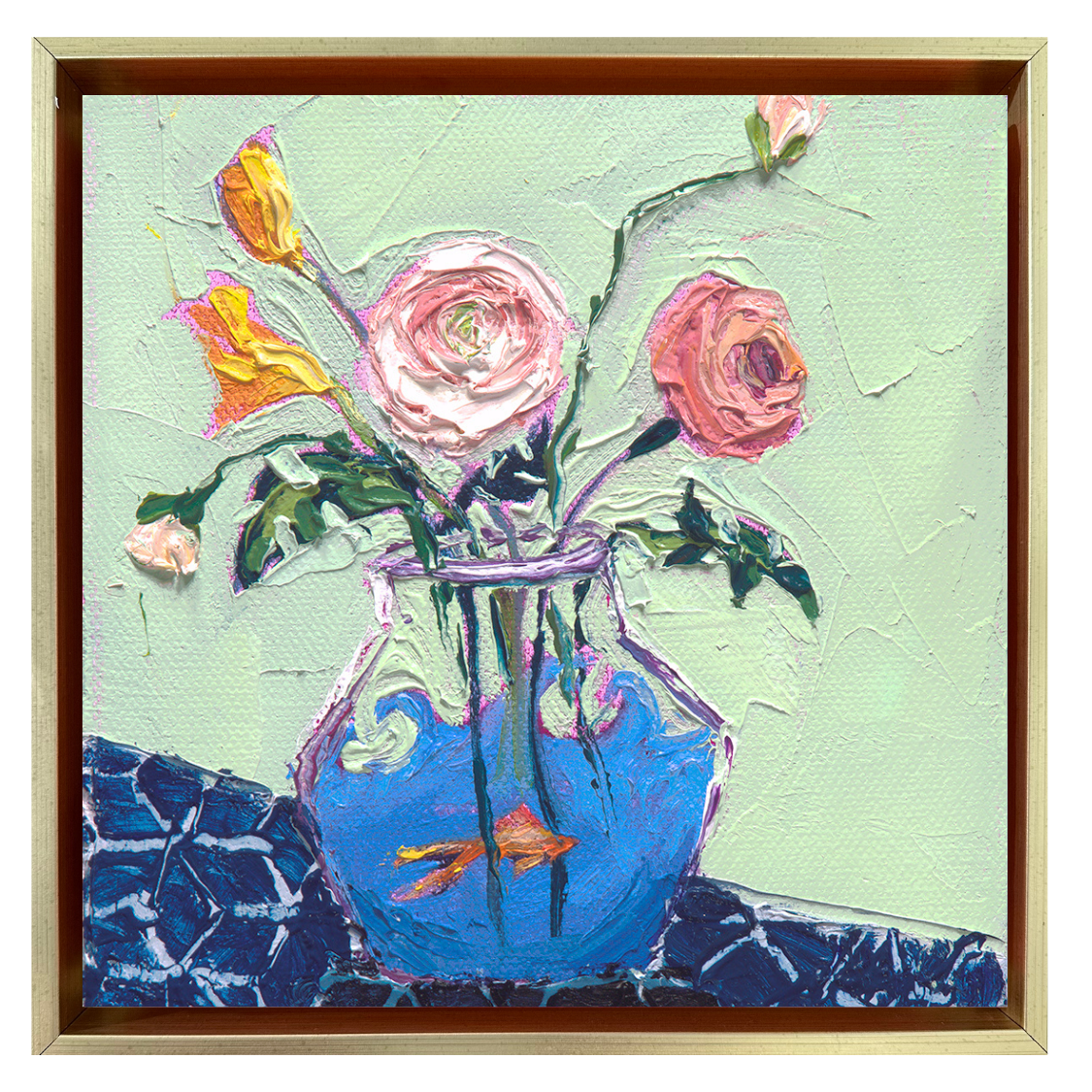 Original still life oil painting of pink roses and yellow flowers in a transparent blue glass vase with a small orange goldfish by Denise Hopkins