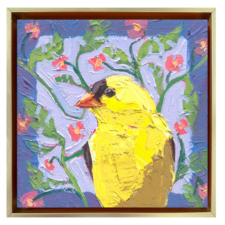 Original oil painting of a bright yellow American goldfinch surrounded by lavender-blue floral patterns and pink blossoms by Denise Hopkins.
