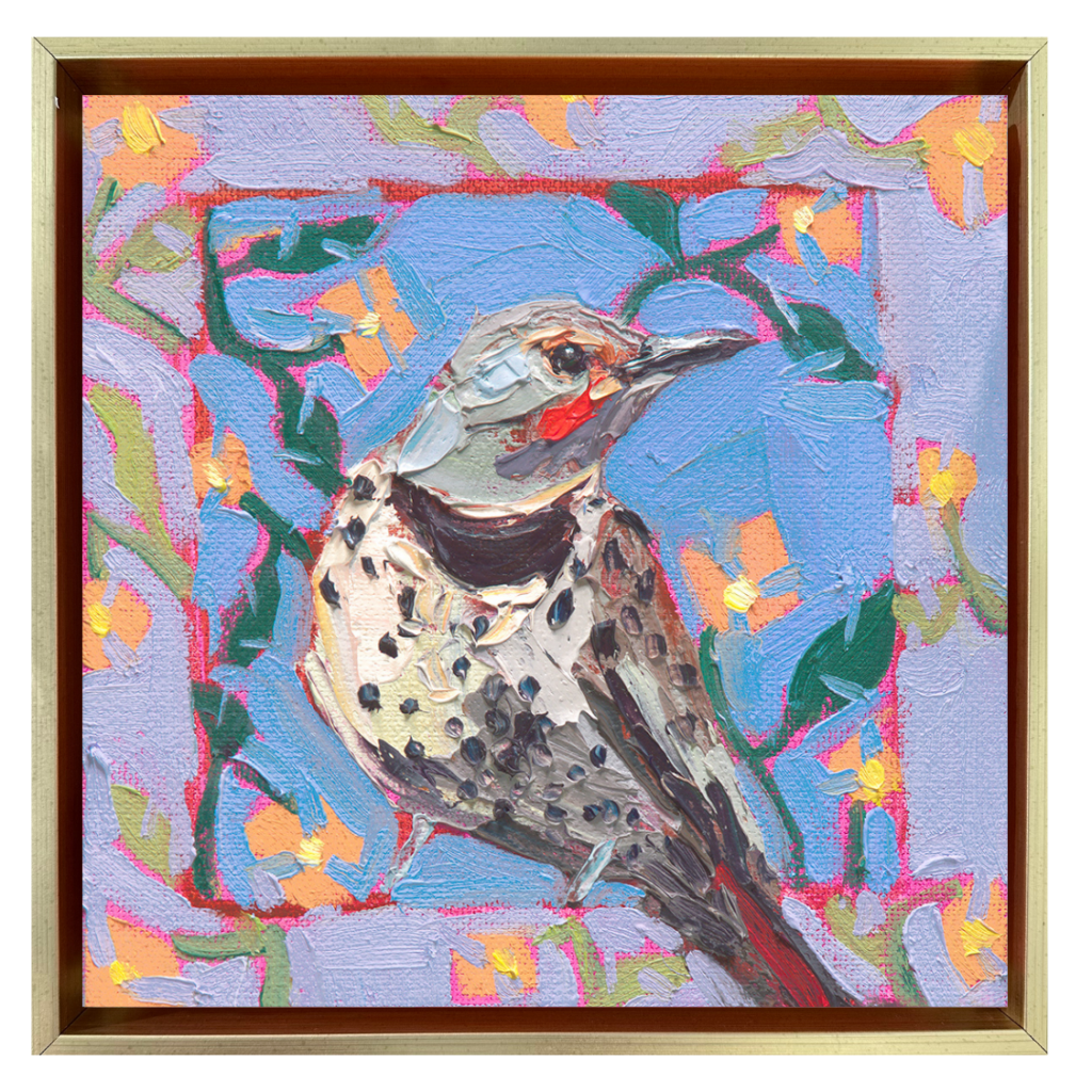 Original oil painting of a northern flicker woodpecker with spotted plumage, a red cheek marking, and a colorful blue floral background by Denise Hopkins