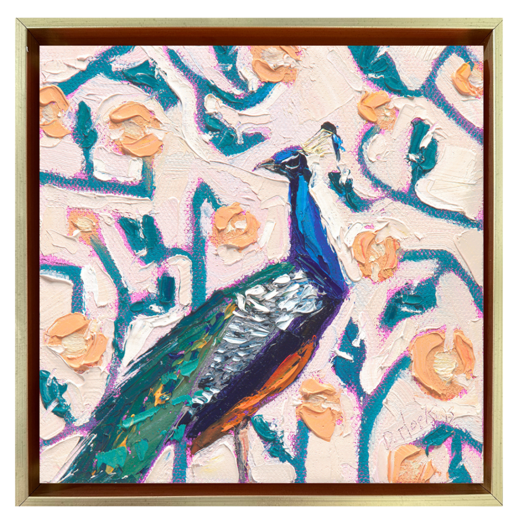 Original palette knife oil painting of a colorful peacock with a brilliant blue neck and green iridescent feathers against a pink floral background by Denise Hopkins.