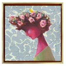 Original figurative oil painting of a woman in profile with pink roses in her dark curly hair, a yellow bird, and a textured pale blue background by Denise Hopkins.